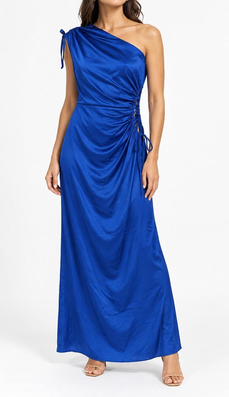Prettygarden Women's Royal Blue One Shoulder Ruched Open Side Maxi Dress S NWT